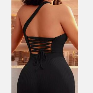 Lace Up One Shoulder Rib-knit Jumpsuit Black Size XS